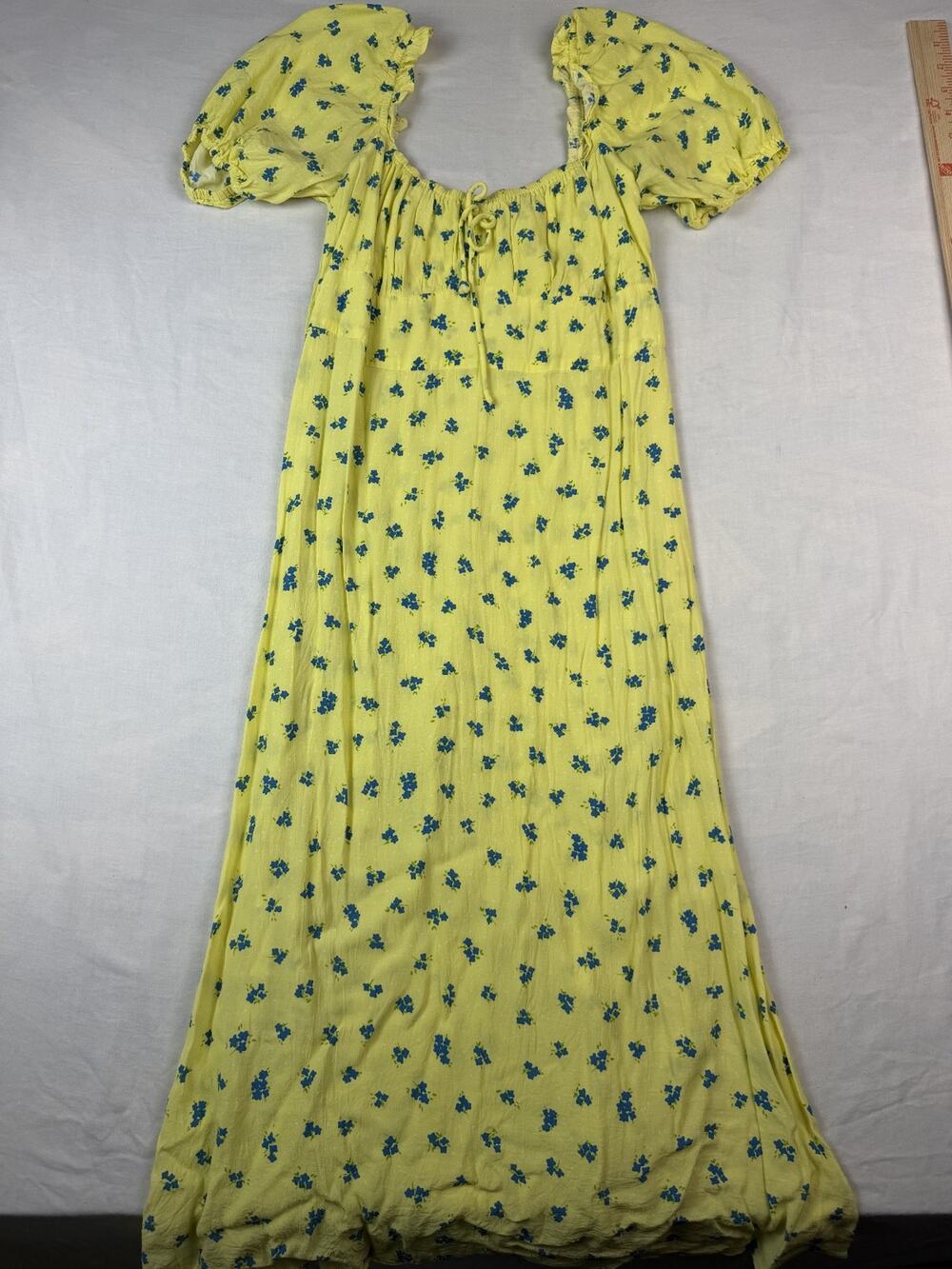 Faithfull the Brand Maxi Dress Yellow Blue Floral Puff Sleeve Cottagecore Boho